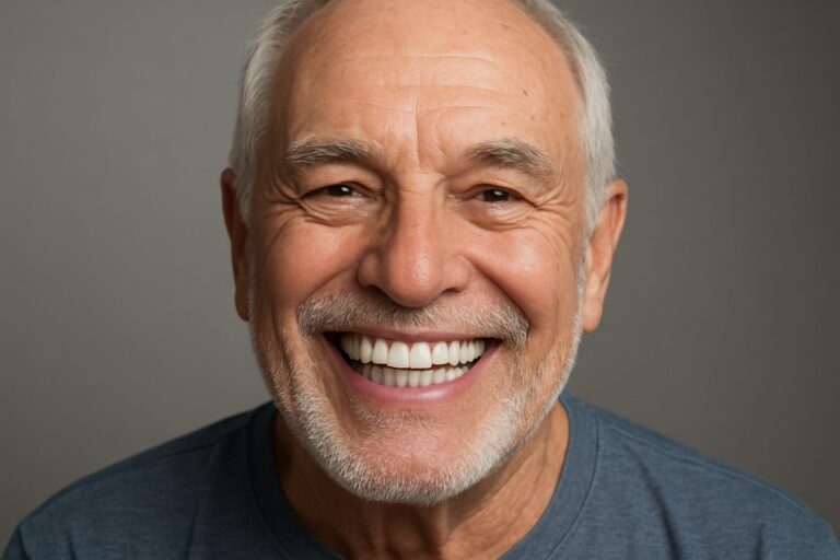 Close up studio shot of a smiling senior man, highlighting his perfect, natural-looking set of implant-supported dentures. No text on image.