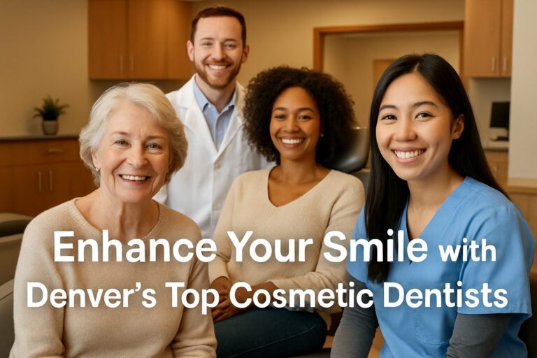 A warm and inviting dental office setting with a diverse group of patients and dental professionals, showcasing a range of cosmetic dentistry procedures like teeth whitening and veneers. The text on the image says "Enhance Your Smile with Denver's Top Cosmetic Dentists".