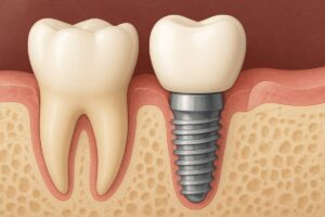 A dentist is explaining the process of "do implants" to a patient, using a model of a jaw with implants. The dentist is pointing to the implant and crown, highlighting the benefits of this permanent solution. No text on the image.