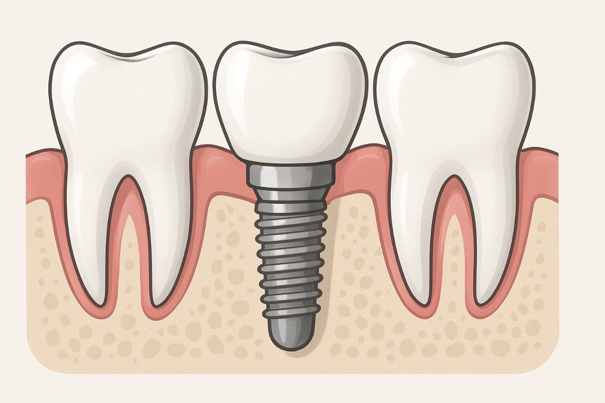 Image of a dentist explaining a dental implant procedure to a patient, pointing to a model of a jaw with implants. The setting is a modern dental office. No text on image.