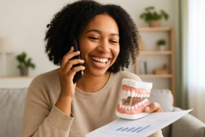 A person happily on the phone with a dentist's office, planning out their dental implant financing. No text on the image.