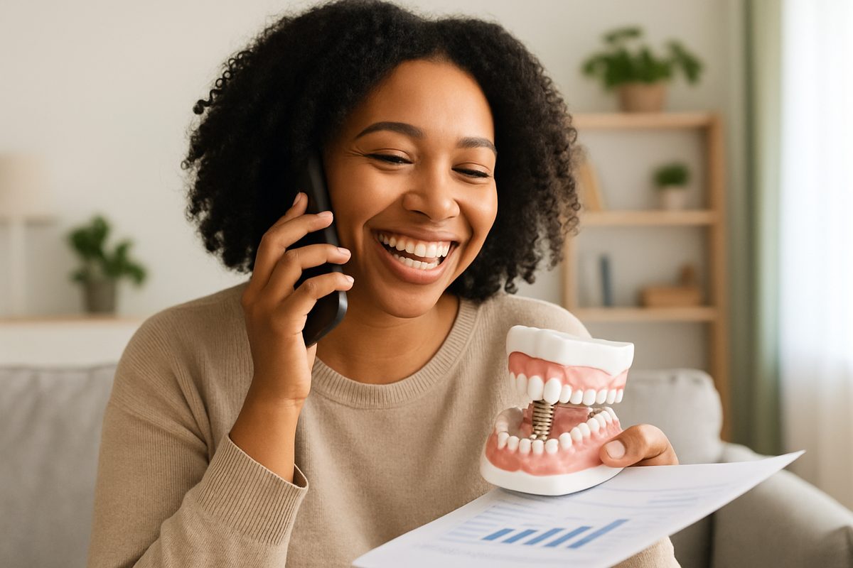 A person happily on the phone with a dentist's office, planning out their dental implant financing. No text on the image.