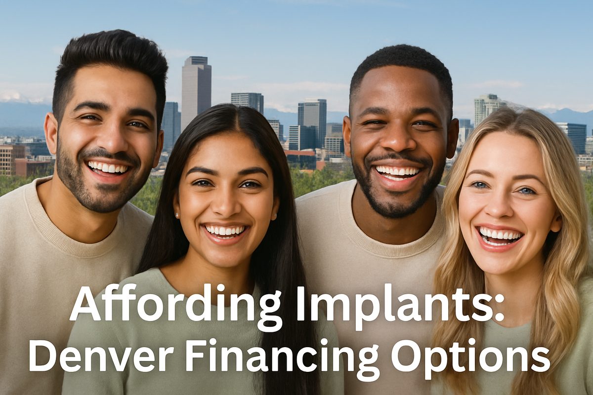 Image of a diverse group of people happily smiling with perfect teeth, with a subtle background showcasing the Denver skyline. Text on image says "Affording Implants: Denver Financing Options".