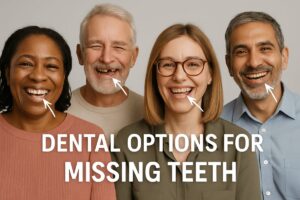 Image of a diverse group of adults smiling, each missing a different tooth, with arrows pointing to the gaps and text overlayed showing "Dental Options for Missing Teeth".