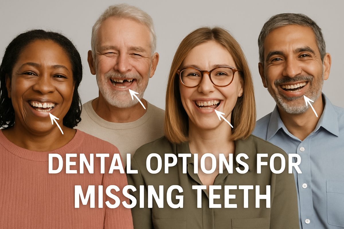 Image of a diverse group of adults smiling, each missing a different tooth, with arrows pointing to the gaps and text overlayed showing "Dental Options for Missing Teeth".