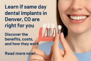 A dentist is smiling while pointing to same day dental implants on a 3D model of a patient's mouth, showcasing the immediate results. No text on the image.