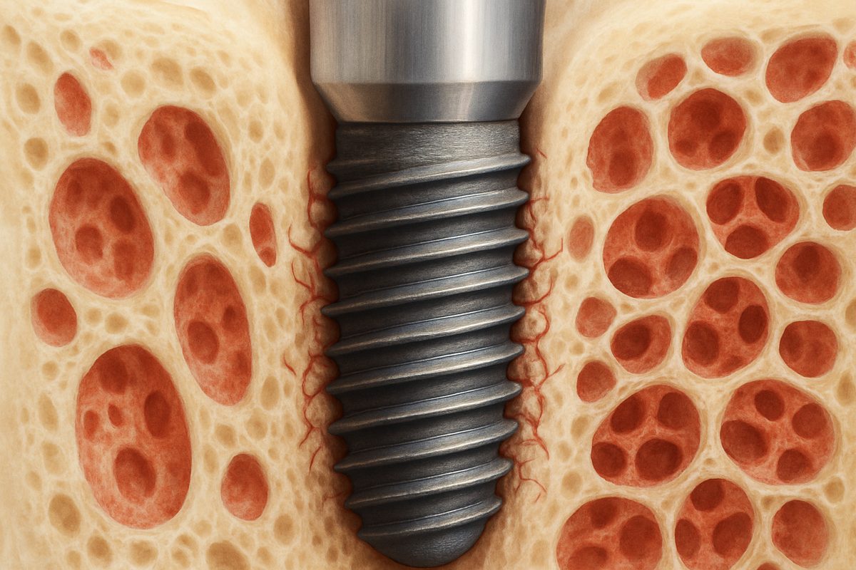 Close up animated image of an implant integrating into bone. No text on image.