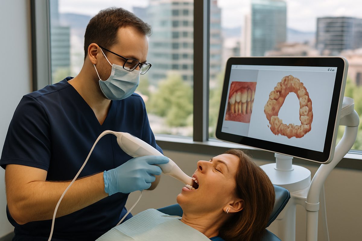 Image depicting a dentist in Denver, CO, using digital scanning technology to plan for same-day dental implants. No text on the image.