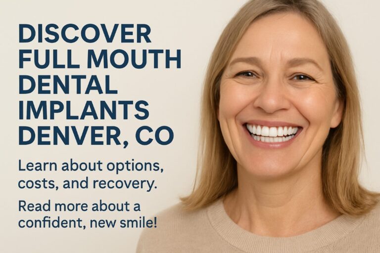 Before and after photo of a patient who has received full mouth dental implants Denver, CO. The before photo shows missing and broken teeth, and the after photo shows a perfect, bright, full set of teeth. No text on image.