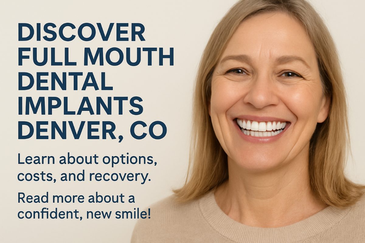 Before and after photo of a patient who has received full mouth dental implants Denver, CO. The before photo shows missing and broken teeth, and the after photo shows a perfect, bright, full set of teeth. No text on image.