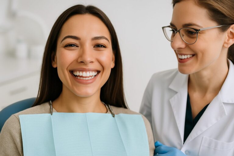 A female patient is smiling radiantly after receiving cosmetic dental work from her cosmetic dentist Denver, CO. The image is bright and professional, showcasing her new, confident smile. No text.