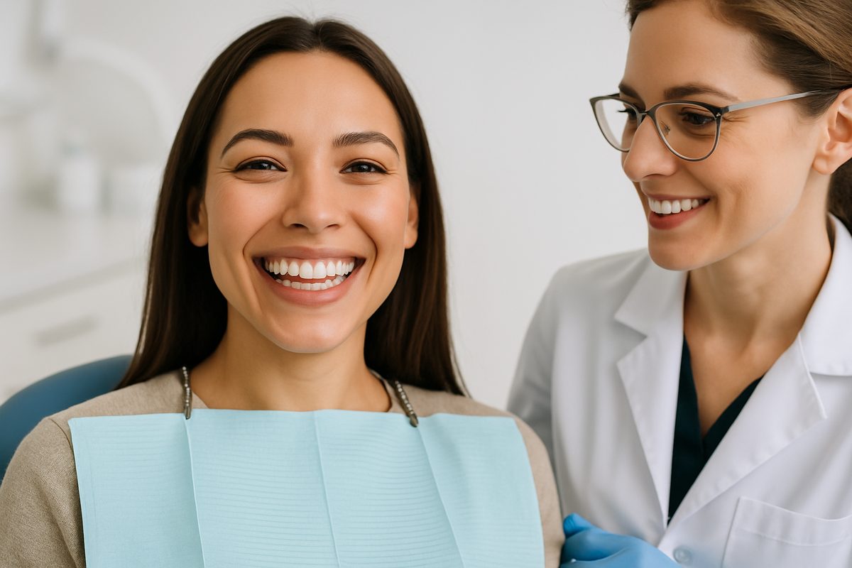 A female patient is smiling radiantly after receiving cosmetic dental work from her cosmetic dentist Denver, CO. The image is bright and professional, showcasing her new, confident smile. No text.
