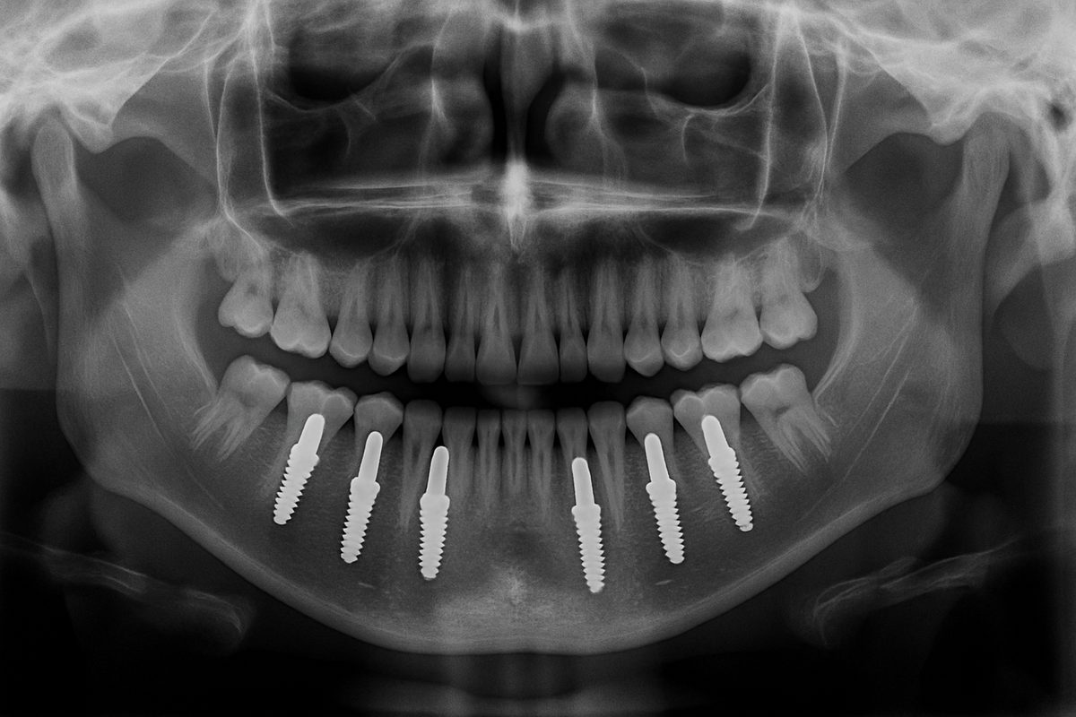 An x-ray of a human skull with several dental implants in place. Each implant should be clearly visible, highlighting their placement within the jawbone. No text on the image.