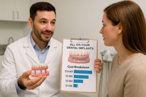Image of a dentist explaining the cost breakdown of "all on four" dental implants to a patient, using a visual aid like a chart or a model of the implants.