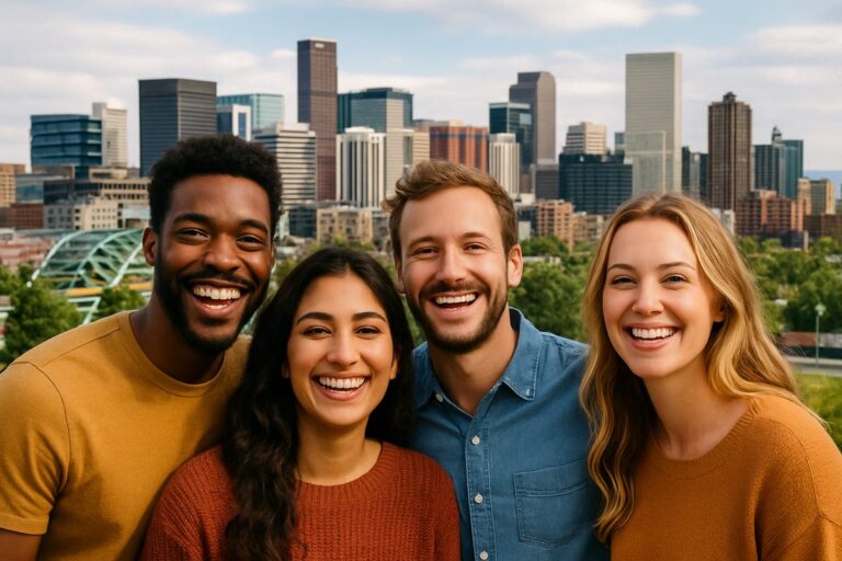 A diverse group of happy people showing off their smiles in front of the Denver, CO skyline. No text on image.
