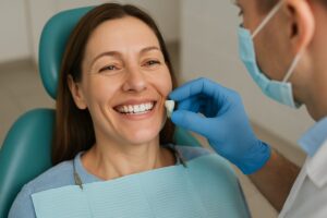 Photo of a smiling woman in a dental chair, showcasing her new, single same-day dental implant. The dentist is adjusting the implant, ensuring a perfect fit. No text on image.