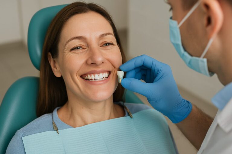Photo of a smiling woman in a dental chair, showcasing her new, single same-day dental implant. The dentist is adjusting the implant, ensuring a perfect fit. No text on image.