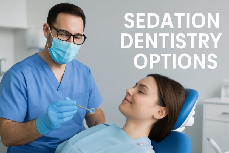 A dentist wearing scrubs and a mask is tending to a patient in a dental chair. The dentist is smiling, and the patient appears calm and relaxed. Text on the image says "Sedation Dentistry Options".