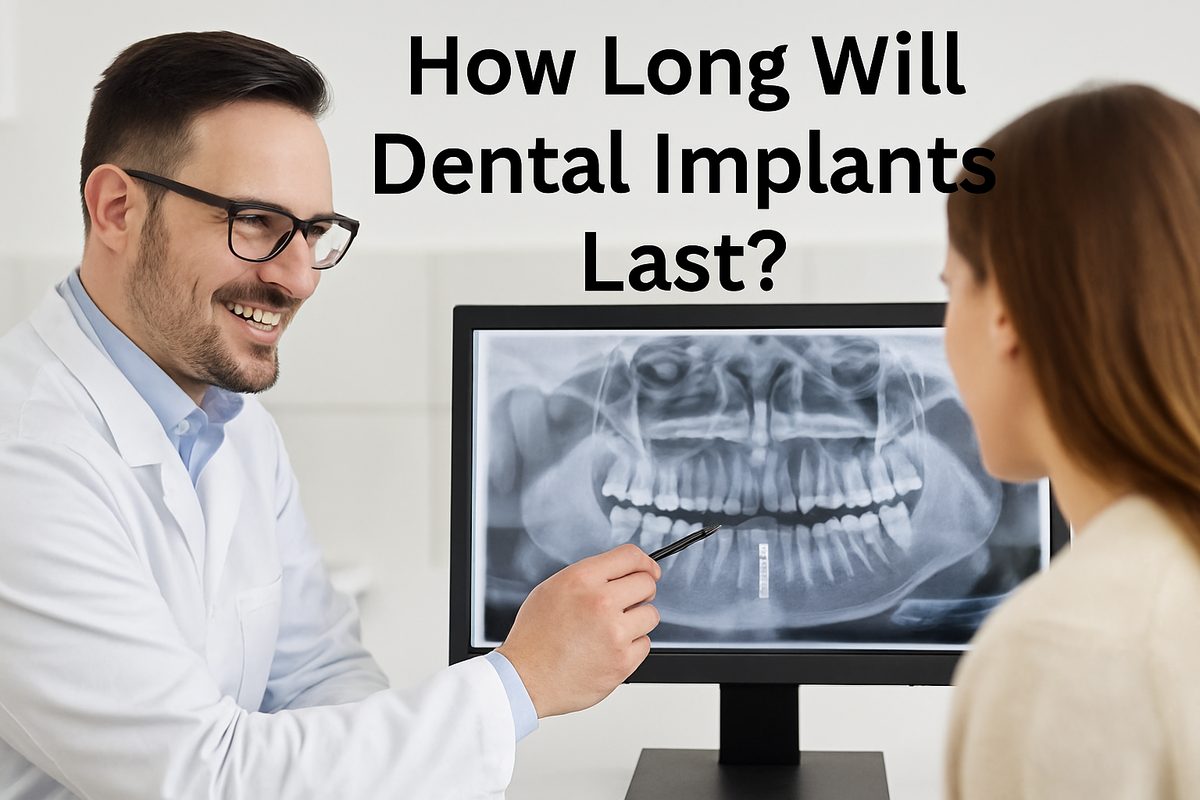 A dentist is pointing to a dental implant x-ray with a pen, explaining its longevity to a patient. The text on the image says "How Long Will Dental Implants Last?"