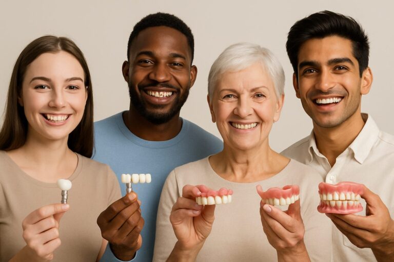 A diverse group of smiling people showcasing various options to replace teeth such as implants, bridges, and dentures. No text on image.