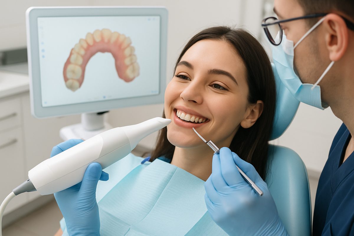 A smiling woman in the dental chair as a cosmetic dentist examines her teeth, using modern technology. No text on image.