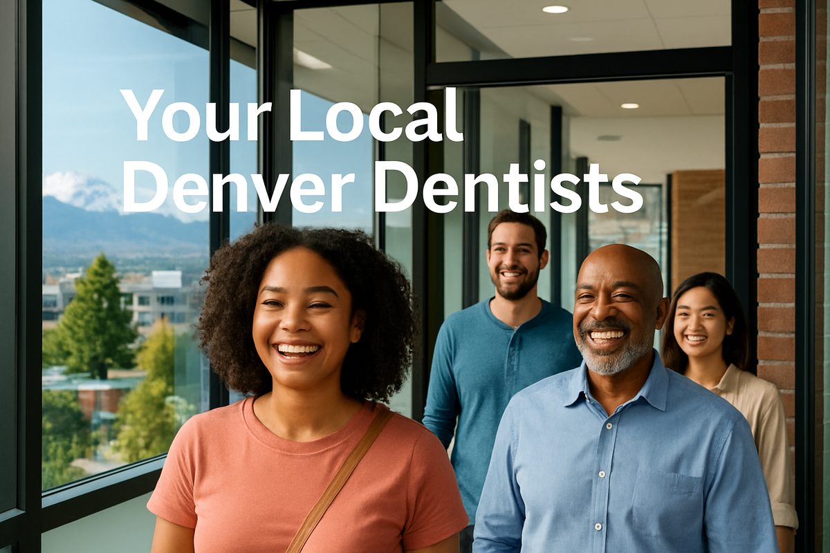 A diverse group of people happily entering a modern dental clinic in Denver, Colorado, with the Rocky Mountains visible in the background. The text on the image reads, "Your Local Denver Dentists."