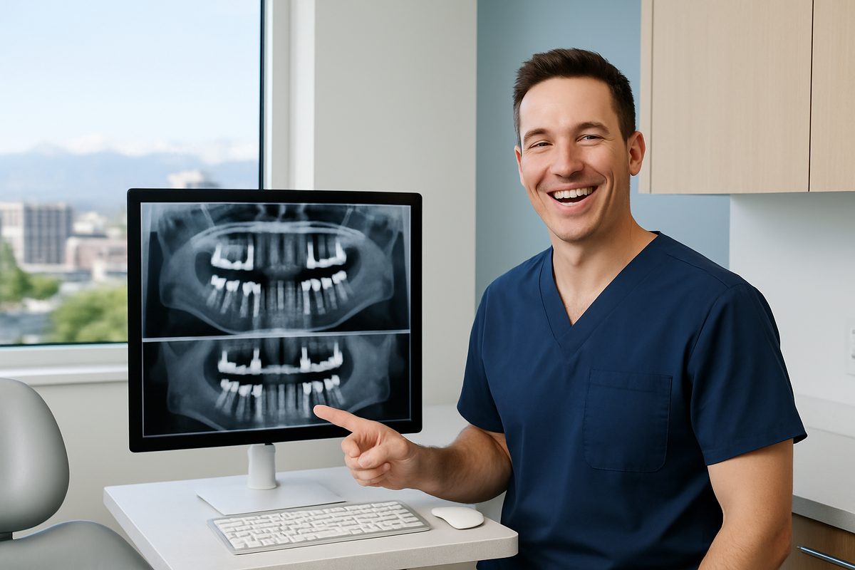 Image of a dentist in Denver, CO smiling and pointing to digital x-rays of same day dental implants. The office is modern and clean. No text on the image.