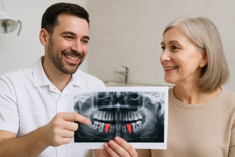 Image of a dentist smiling and consulting with a mature female patient, pointing to a panoramic x-ray of the patient's mouth highlighting potential implant locations. No text on the image.