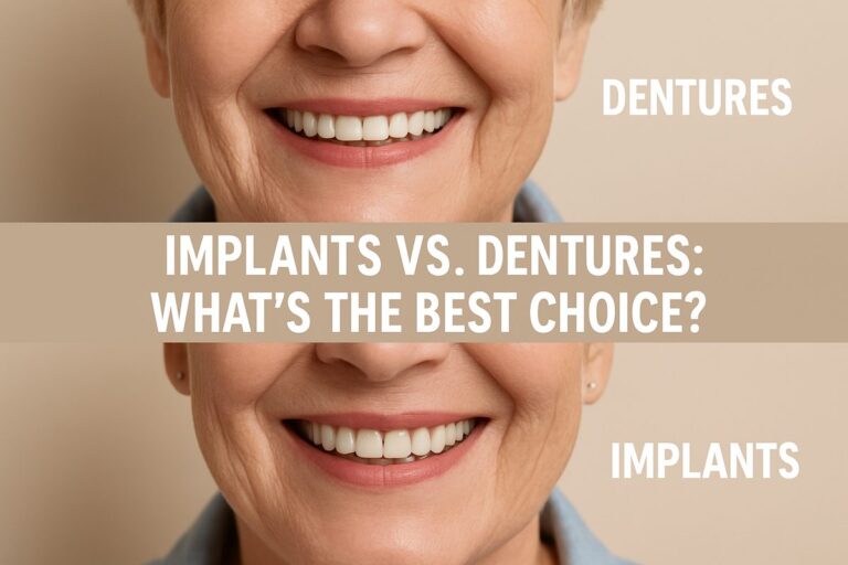 A before and after image of a patient smiling with traditional dentures, and then smiling again with implant dentures. The text on the image says "Implants vs. Dentures: What's the Best Choice?"