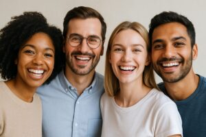 A diverse group of happy people are showing off their perfect smiles. No text on image.