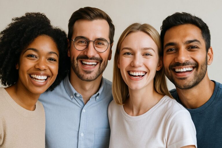 A diverse group of happy people are showing off their perfect smiles. No text on image.