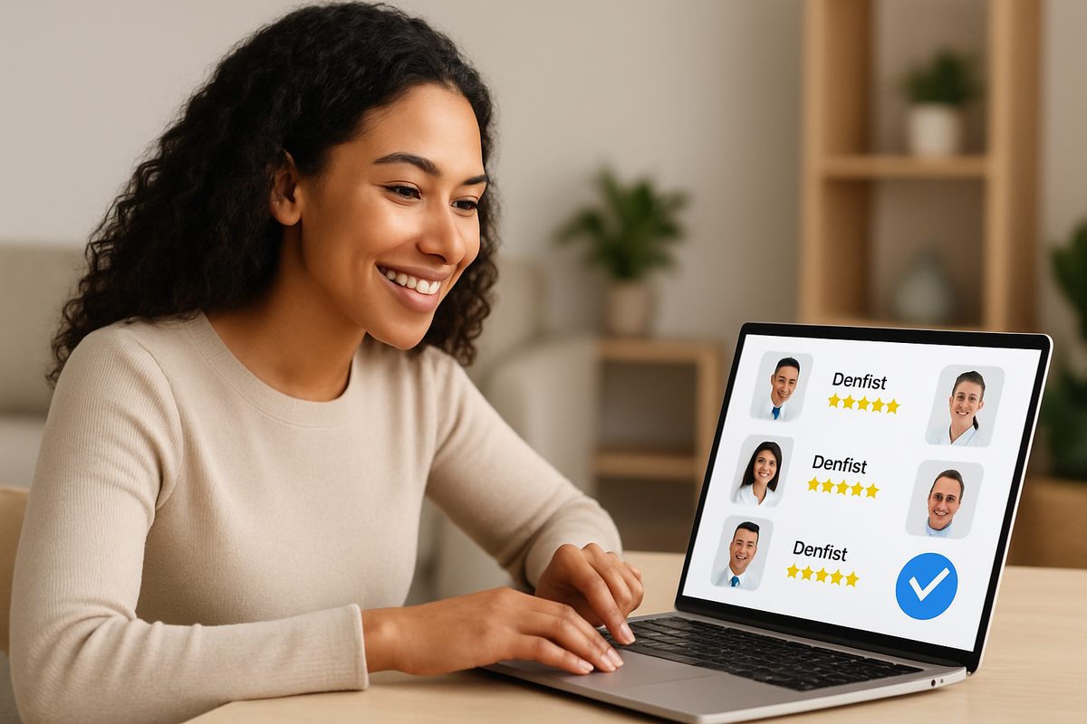Smiling woman confidently chooses a dentist from a list on her laptop screen after searching for the "beat dentist near me". The image conveys trust and empowerment in healthcare decisions. No text on image.