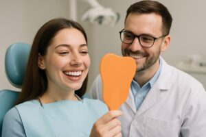 Close up of a woman in a dental chair smiling, admiring her new porcelain veneers in a mirror with her dentist looking on. No text on image.