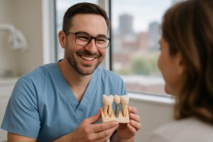 A close up shot of a dentist in Denver, CO smiling as they are consulting with a patient about to receive teeth implants. No text on the image.