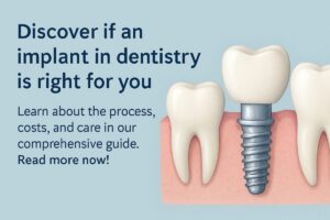 Illustration of three teeth, with the center one showing a dental implant in the gums. Text reads: “Discover if an implant in dentistry is right for you. Learn about the process, costs, and care. Read more now”.