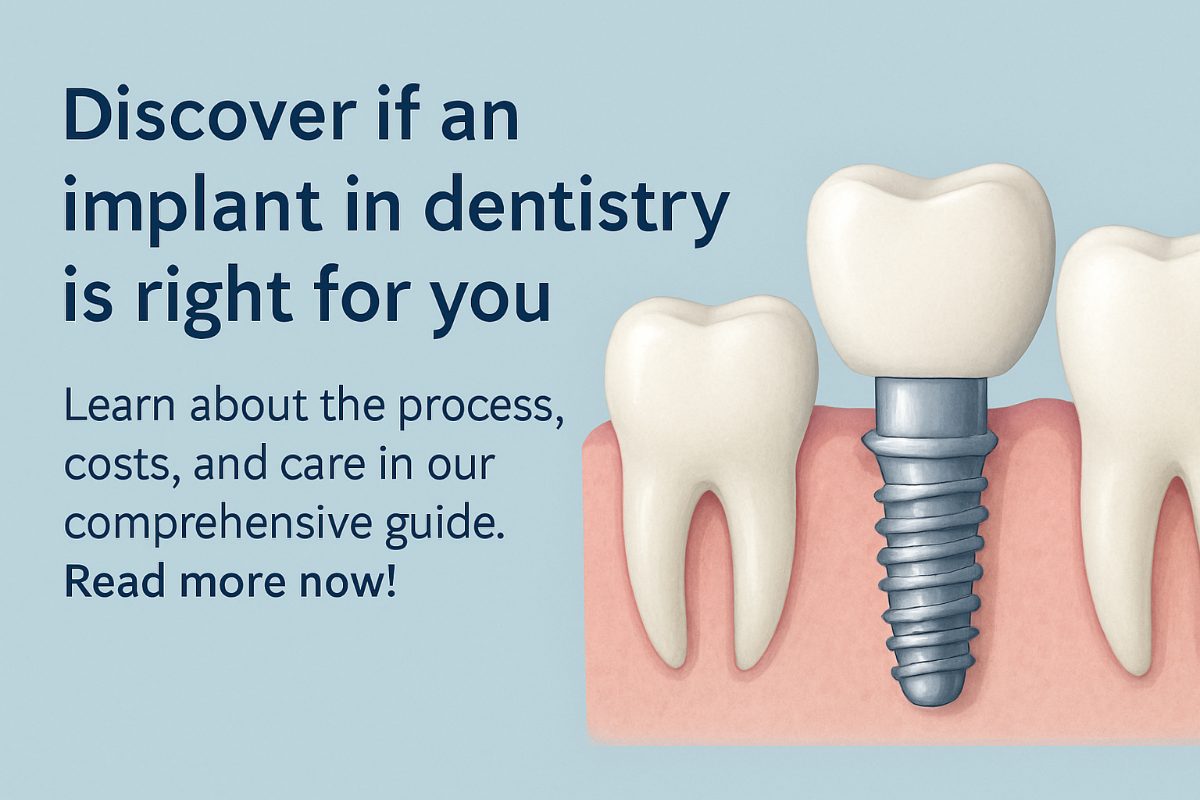 Illustration of three teeth, with the center one showing a dental implant in the gums. Text reads: “Discover if an implant in dentistry is right for you. Learn about the process, costs, and care. Read more now”.
