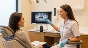 Dentist consulting with patient in modern dental office with advanced equipment