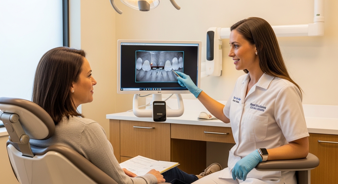 Dentist consulting with patient in modern dental office with advanced equipment