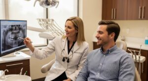 Dentist consulting a patient with digital x-rays in a modern dental office