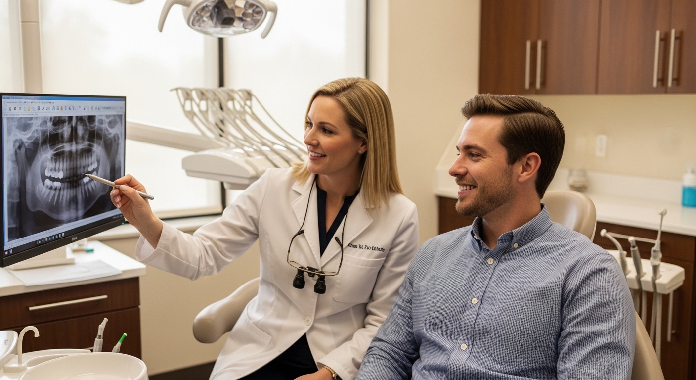 Dentist consulting a patient with digital x-rays in a modern dental office