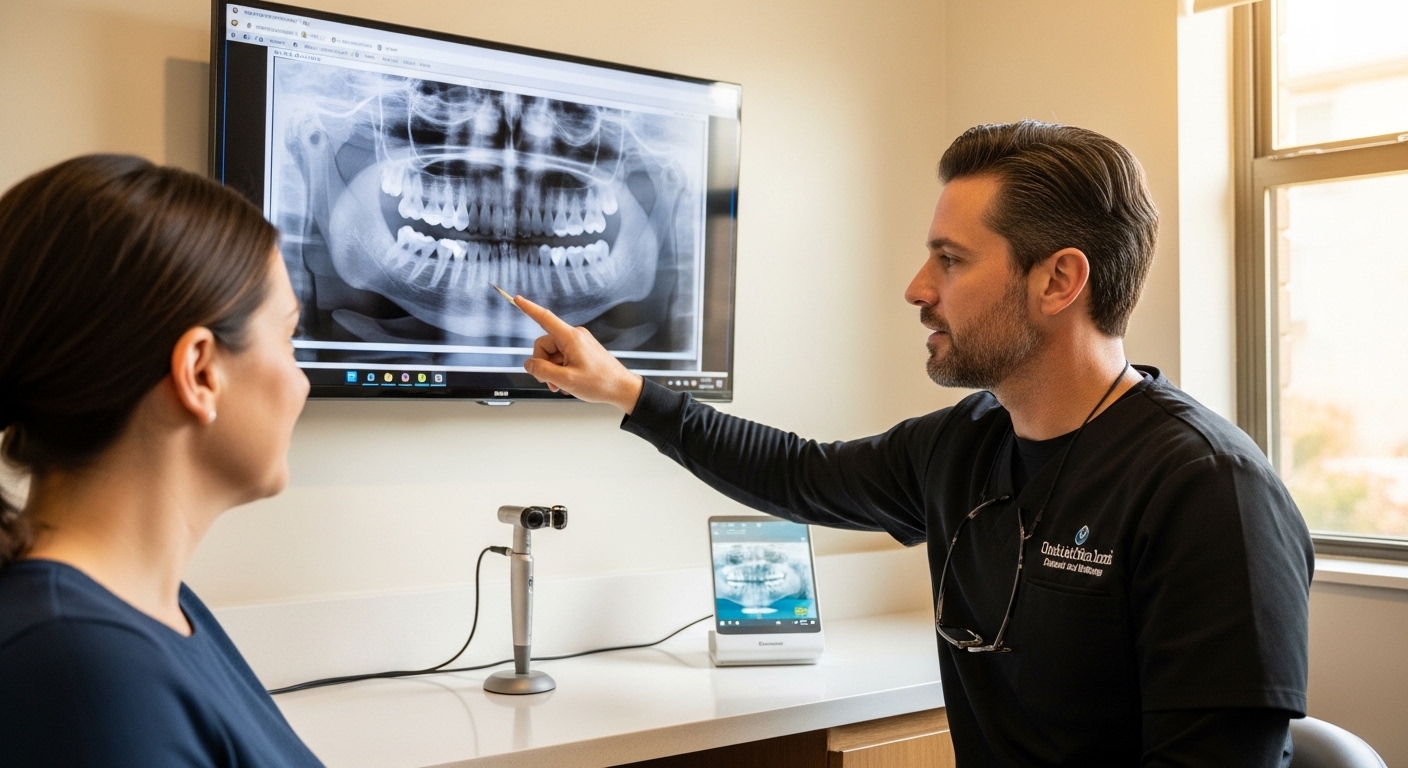 Dentist consulting with patient in a modern, high-tech dental office
