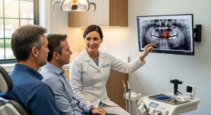 Dentist consulting with a patient about root canal treatment in a modern dental office
