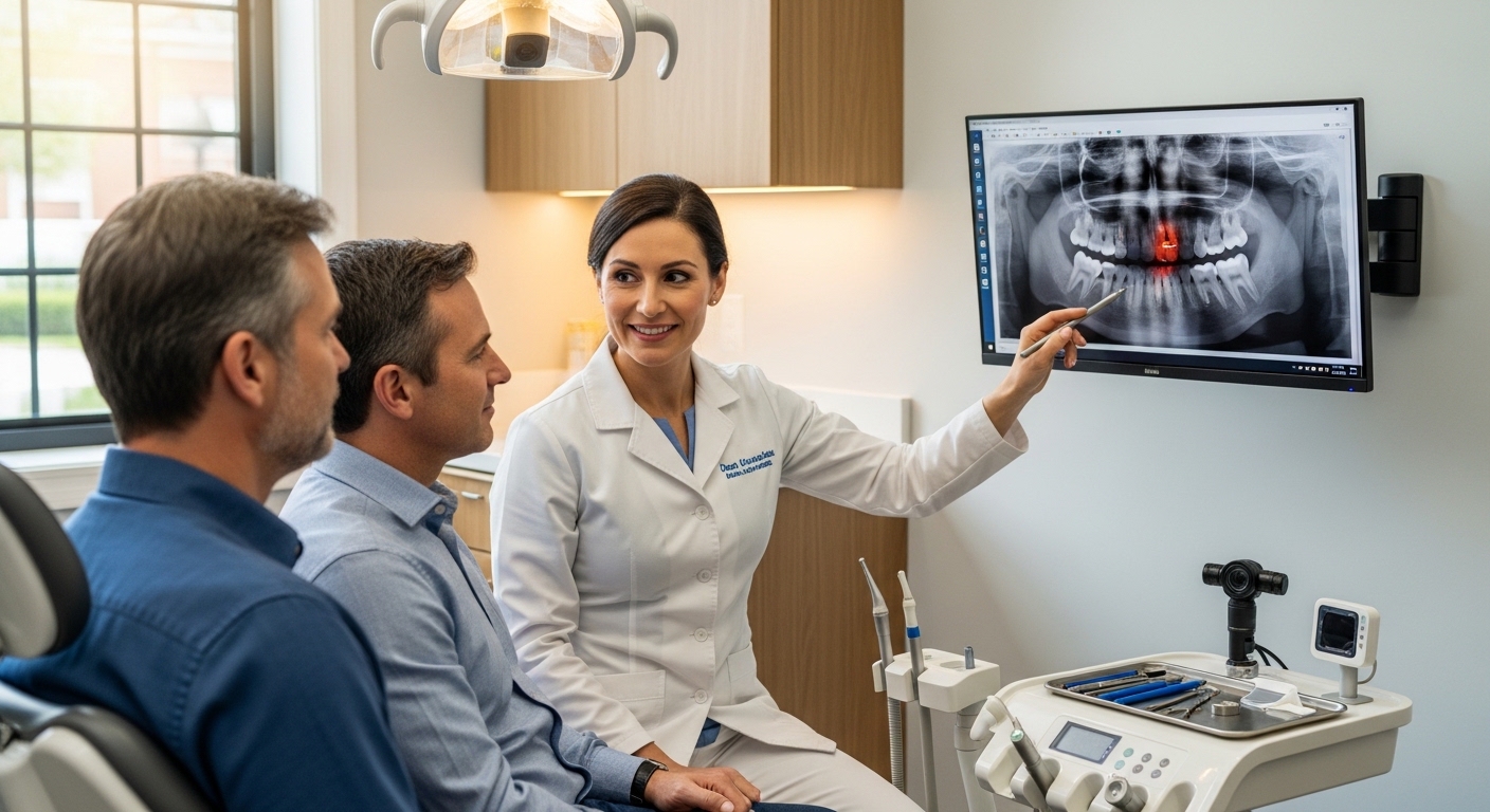 Dentist consulting with a patient about root canal treatment in a modern dental office