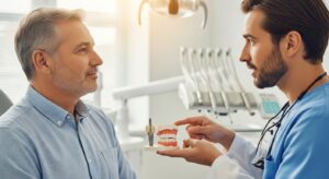 Dentist consulting with a patient about implants vs dentures