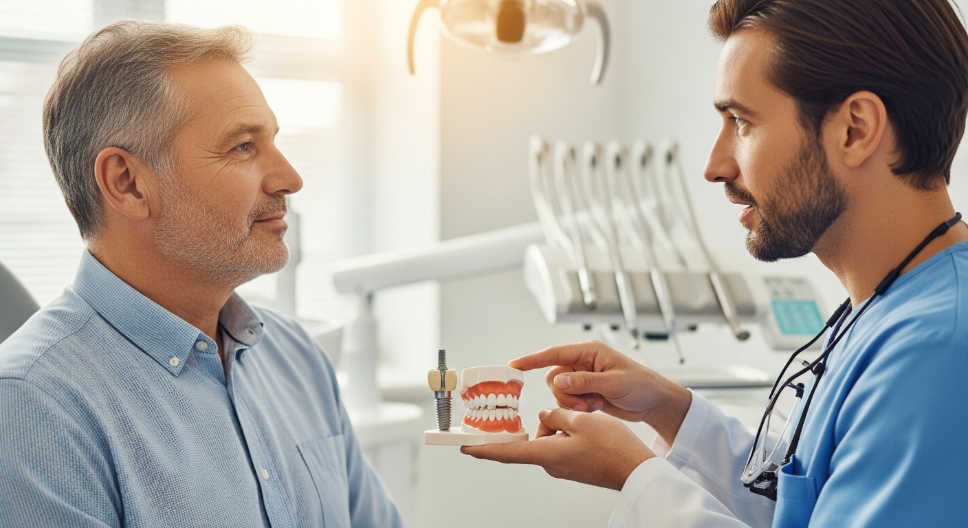 Dentist consulting with a patient about implants vs dentures