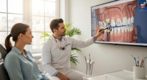 Dentist consulting with a patient about dental restoration options in a clean, modern office