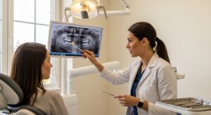 Patient consulting with dentist about dental emergency