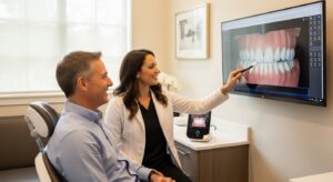 Dentist and patient discussing same day dental crowns using digital imaging