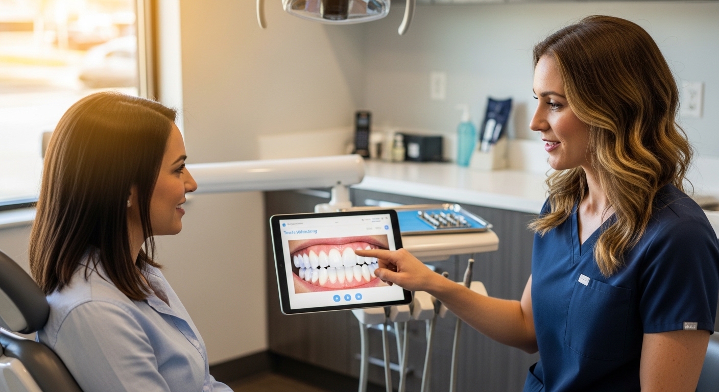 Patient consulting with a dentist in Denver about teeth bleaching options.