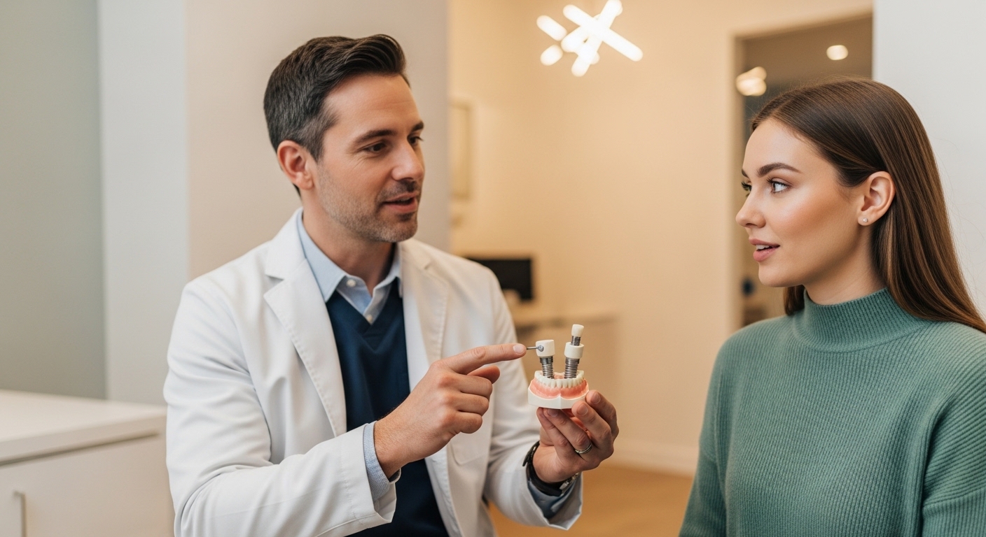 Dentist and patient discussing dental implants at a Denver clinic